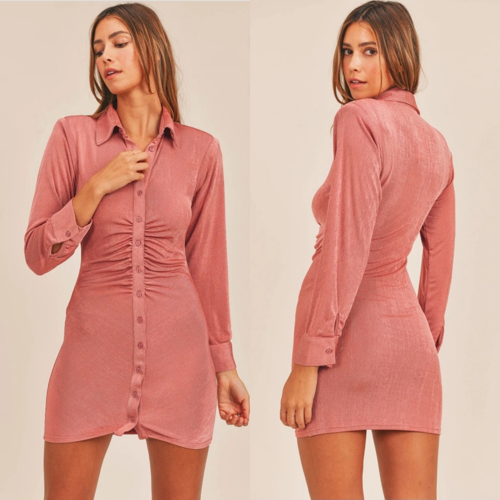 NWOT Mable Emersyn Dress Mauve Pink Slinky Mini Button Down Bodycon Size Large - Picture 1 of 10